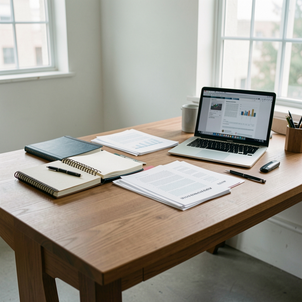 The Darveno editorial workspace in a South Jakarta studio, showing a writing desk with notebooks, printed research papers, and a laptop with natural light