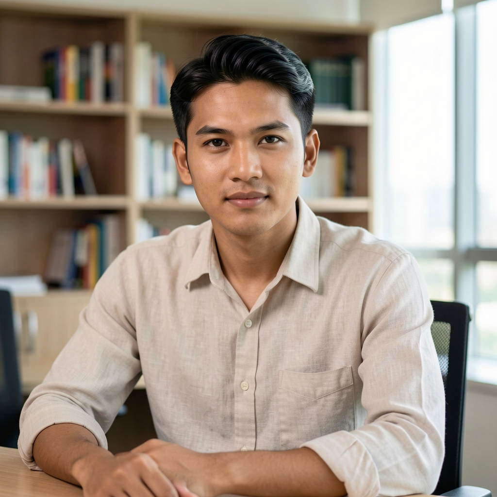 Professional editorial portrait of a young Indonesian man in a light linen shirt, seated at a desk in a bright Jakarta office with bookshelves in the background