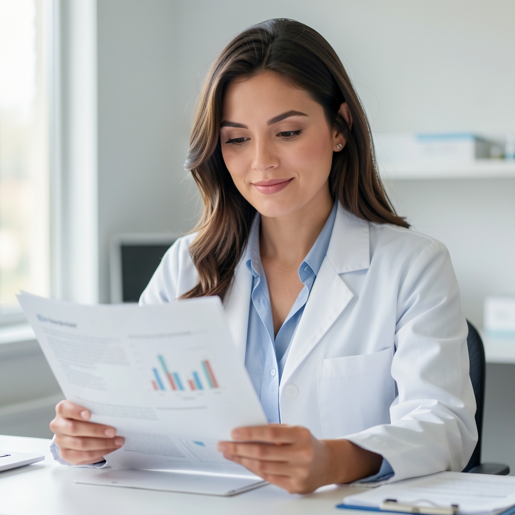 Professional portrait of a woman in a white lab coat reviewing nutritional research documents at a clean workspace with natural light