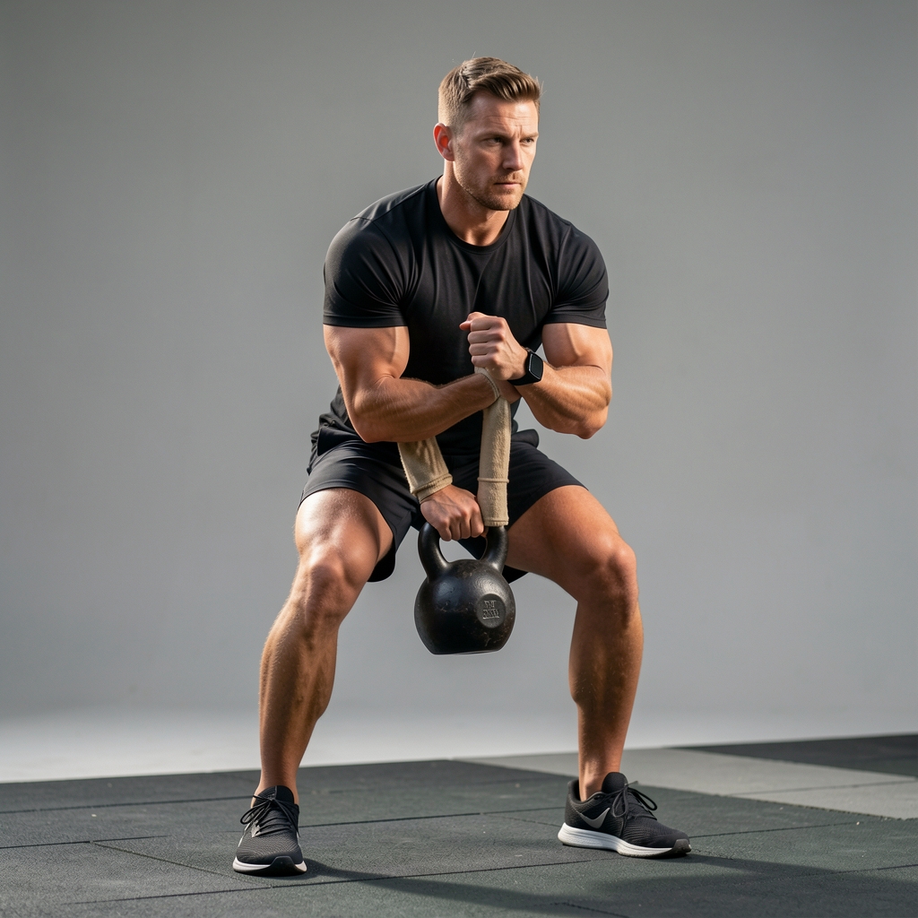 Athletic man performing a kettlebell workout in an outdoor training space, demonstrating proper form under controlled studio lighting against a neutral background