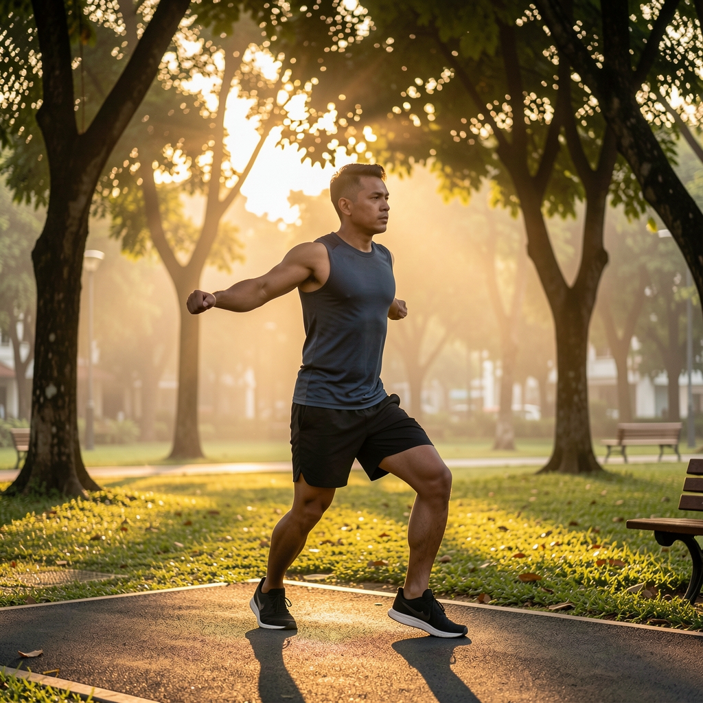 Man in athletic wear performing an early morning outdoor workout in a Jakarta park, warm sunrise light filtering through trees