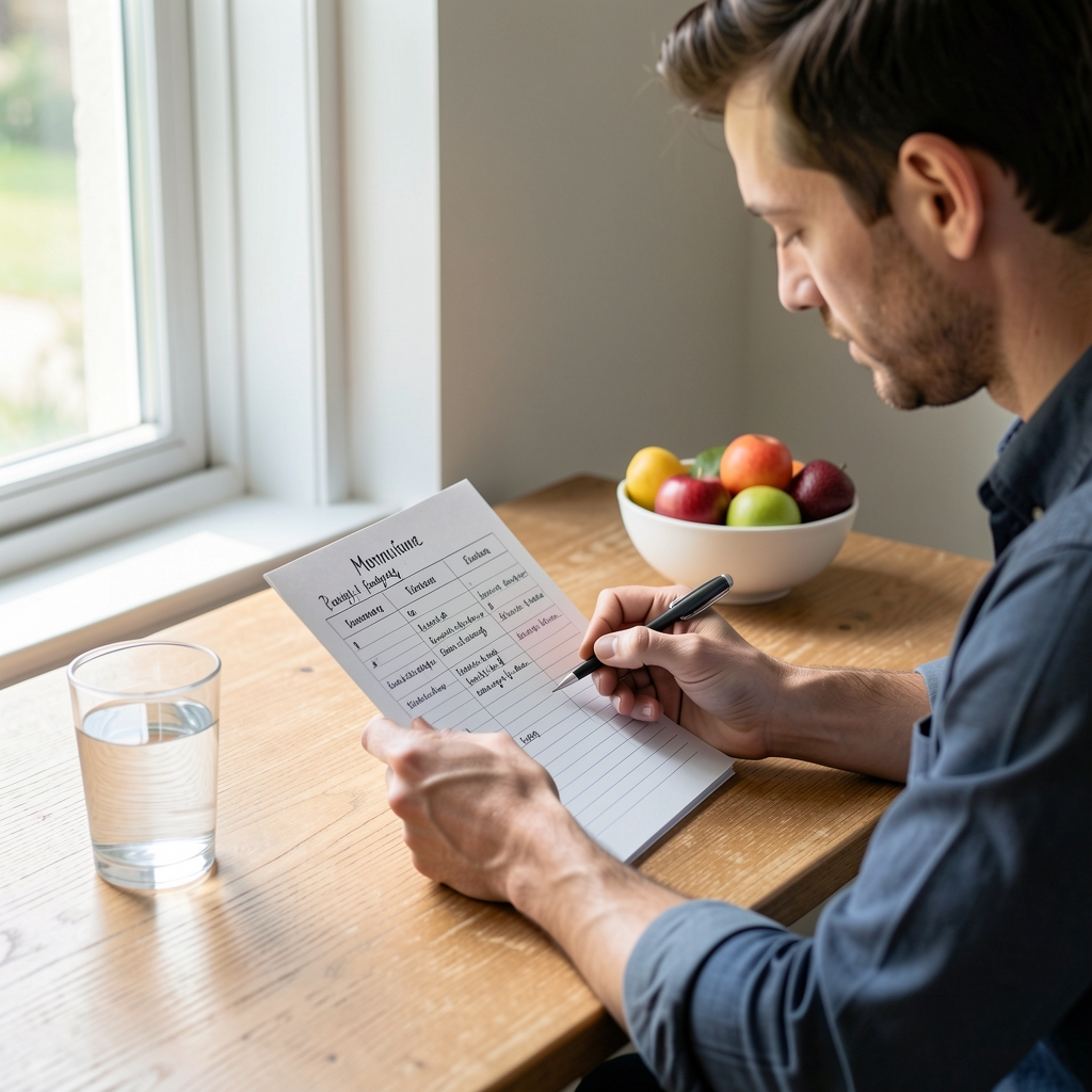 Man reviewing a handwritten morning routine planner at a wooden desk with a glass of water and a bowl of fruit nearby, bright natural light from a side window