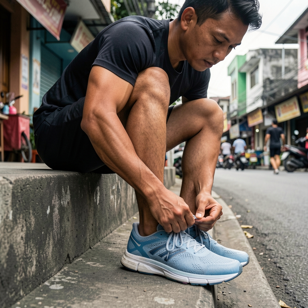 Close-up of a man tying athletic shoes on a concrete step before a morning run in an urban Jakarta neighbourhood