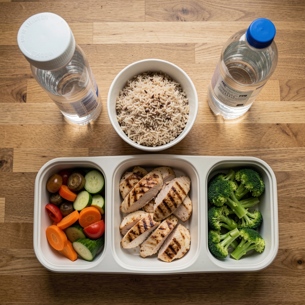 Overhead flat-lay of a balanced meal prep spread including grilled chicken, brown rice, steamed vegetables and a water bottle on a wooden kitchen counter