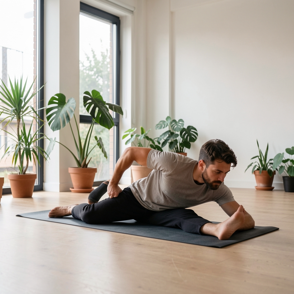 Man stretching on a yoga mat in a minimalist home studio with natural light and plants visible through large windows