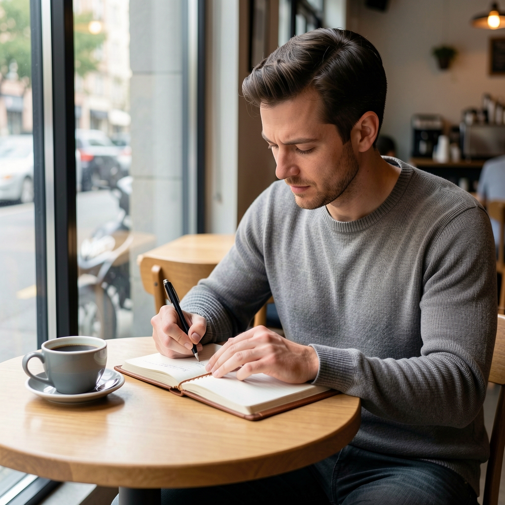 Man writing in a leather-bound wellness journal at a cafe table with a cup of black coffee, natural daylight from a large glass window
