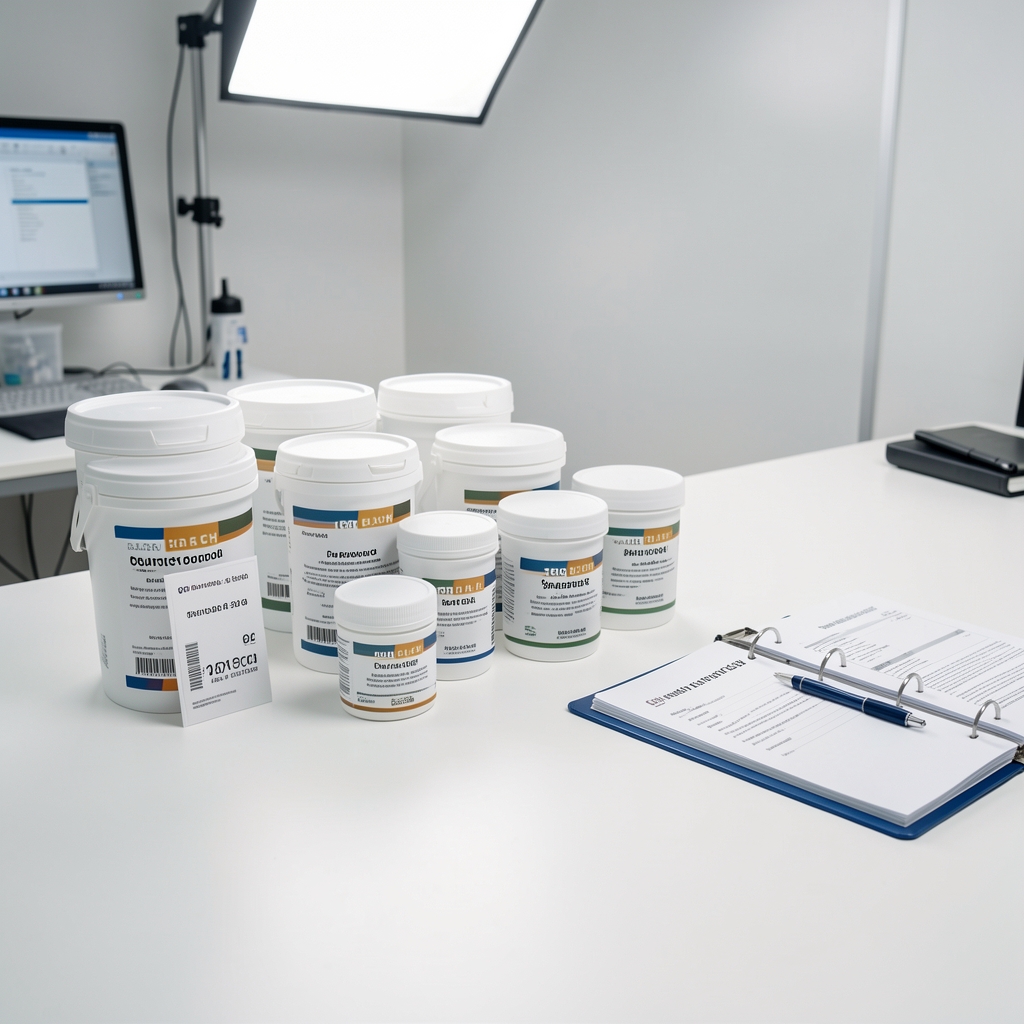 A quality-control workspace with batch-coded containers arranged on a clean white surface under bright studio lighting, with an open binder of documentation beside them