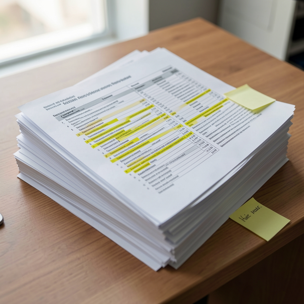 Stack of printed nutritional research papers with highlighted passages and sticky note annotations arranged on a desk