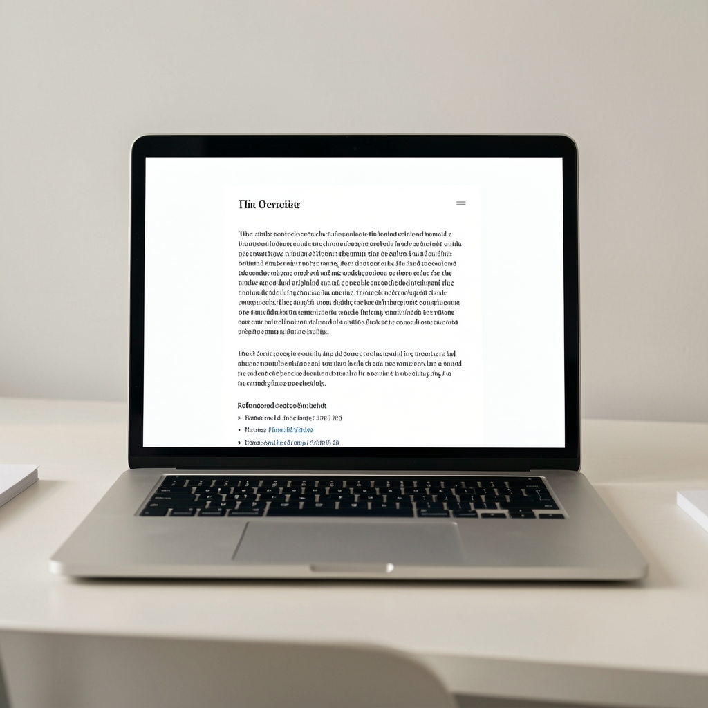 Laptop screen showing a clean editorial article layout with reference footnotes visible at the bottom, on a minimalist desk