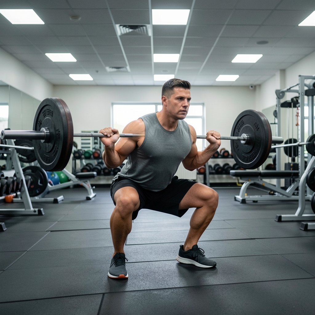 Man performing barbell back squat in a gym under bright overhead lighting with correct posture