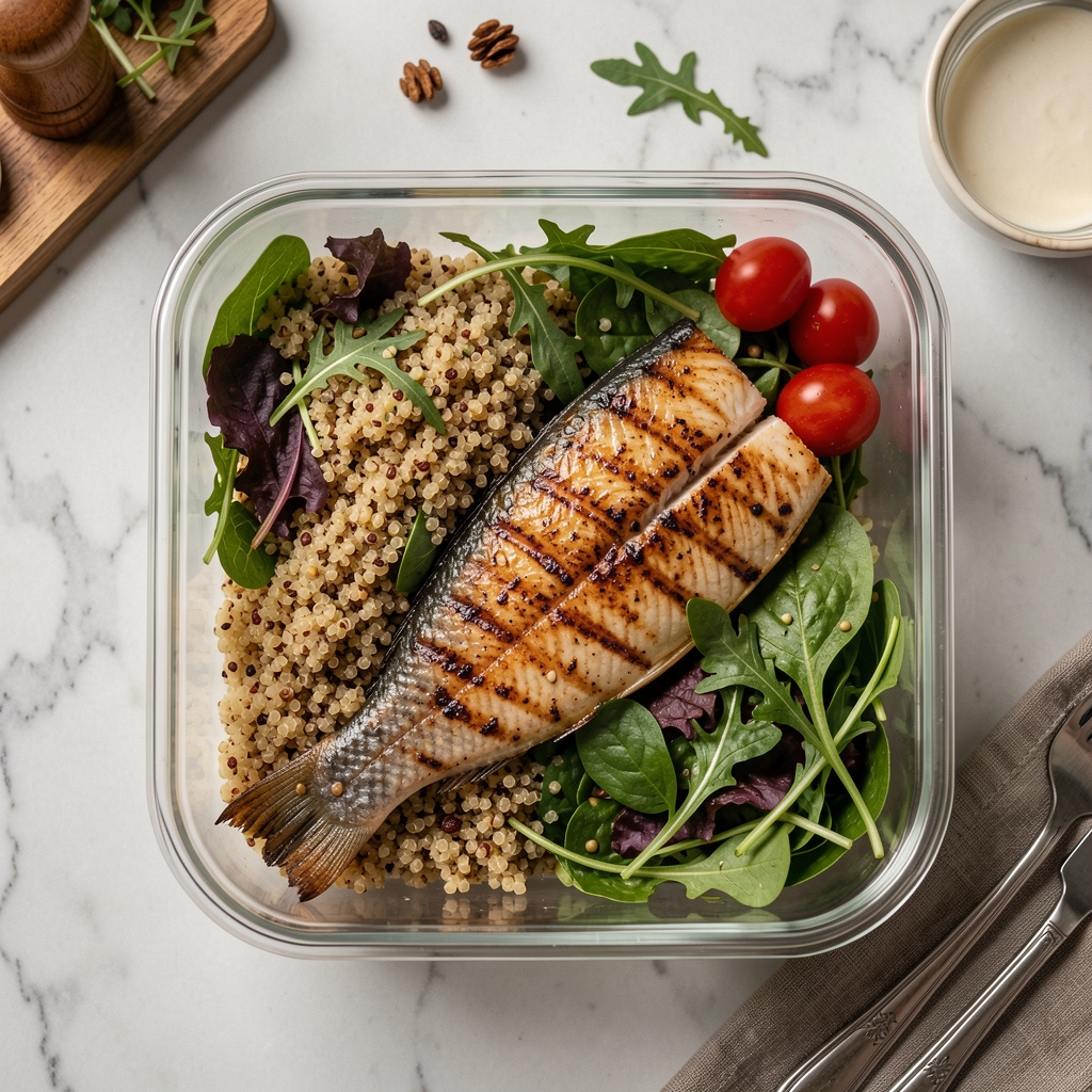 Flat lay of a nutritionally balanced meal prep container with grilled fish, quinoa, and mixed greens on a kitchen surface