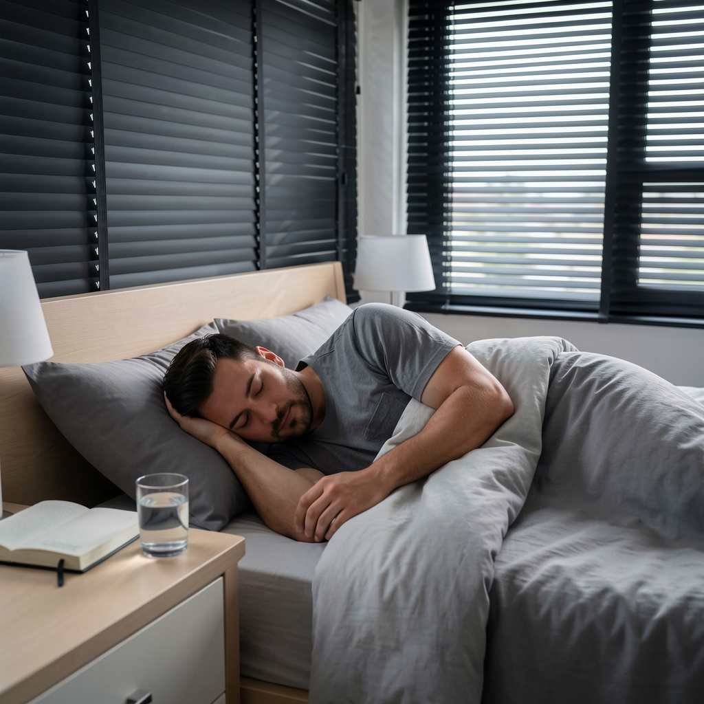 Man sleeping in a well-organised bedroom with blackout curtains and a bedside journal and glass of water, representing a structured sleep routine