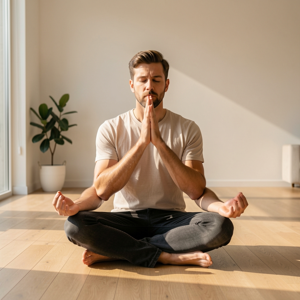 Man meditating on a wooden floor in a minimalist home space with morning light, practising focused breathing