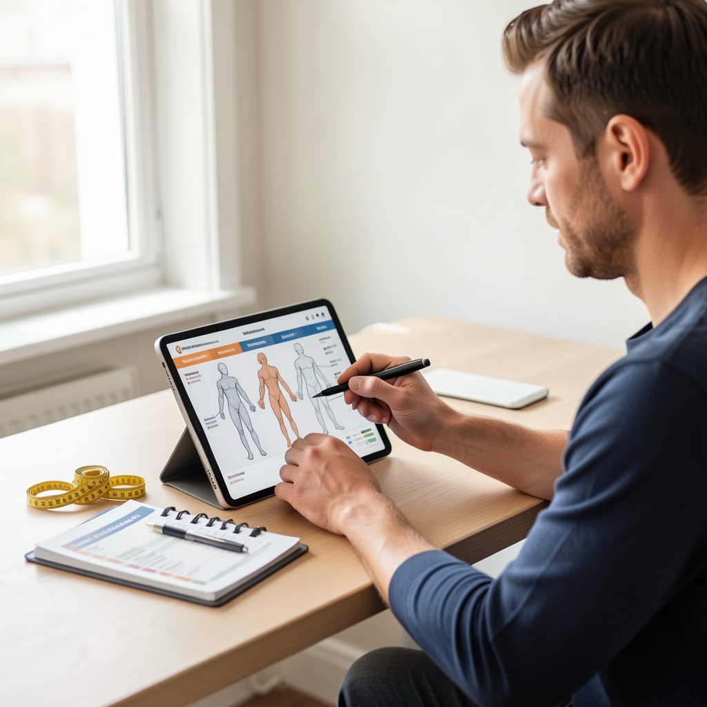 Man reviewing a body composition chart on a screen at a clean home desk with measuring tools and a nutrition log nearby