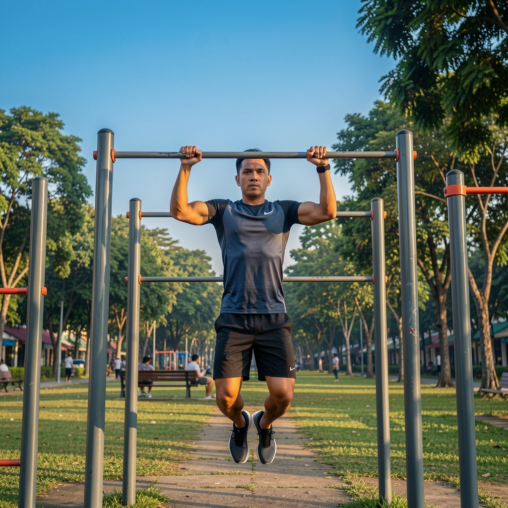 Man performing pull-ups on an outdoor bar in a Jakarta park in the early morning, wearing athletic clothing, clear blue sky in the background