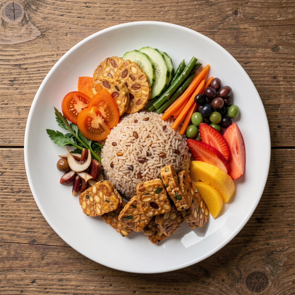 Overhead view of a balanced Indonesian-inspired meal with tempeh, brown rice, mixed vegetables, and fresh fruit on a wooden table