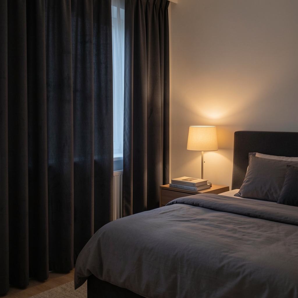 Bedroom with blackout curtains half-drawn at dusk, a bedside table with a book and dim lamp creating a calm pre-sleep environment