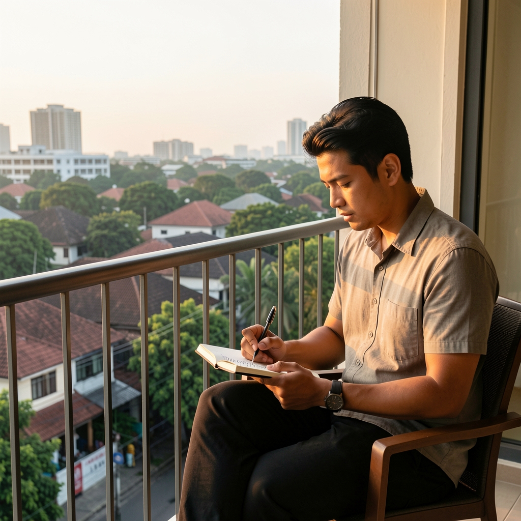 Man sitting quietly on a balcony in the late afternoon, writing in a notebook with a view of Jakarta rooftops and trees, relaxed and focused