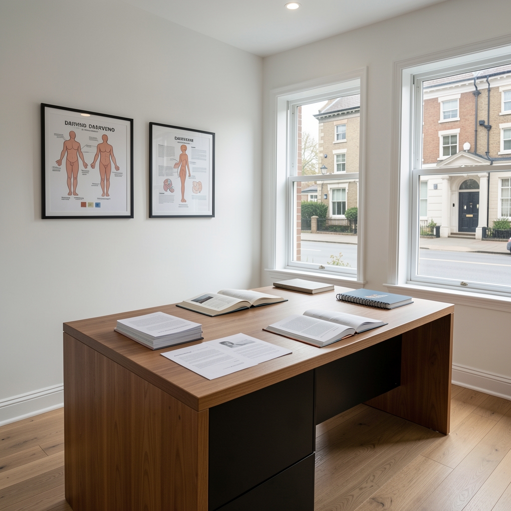 Wide shot of the Darveno editorial office interior, featuring a long wooden desk with open books and printed documents, white walls with framed wellness diagrams, and large windows overlooking a quiet South Jakarta street