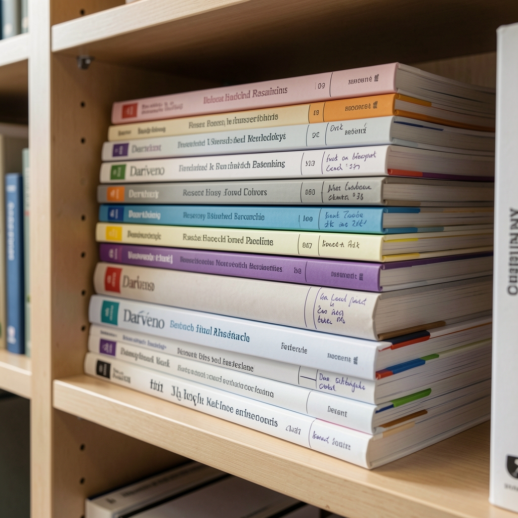 Detail shot of a reference shelf at the Darveno workspace, showing stacked research books and printed journal articles with colour-coded tabs and handwritten margin notes